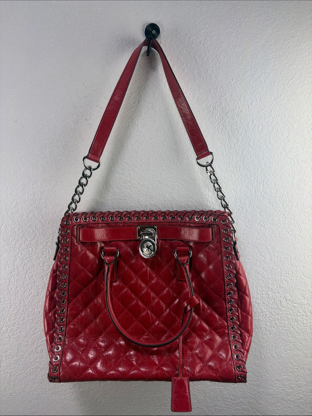 Michael Kors Red Quilted Shoulder Bag with Silver MK Padlock and Wallet